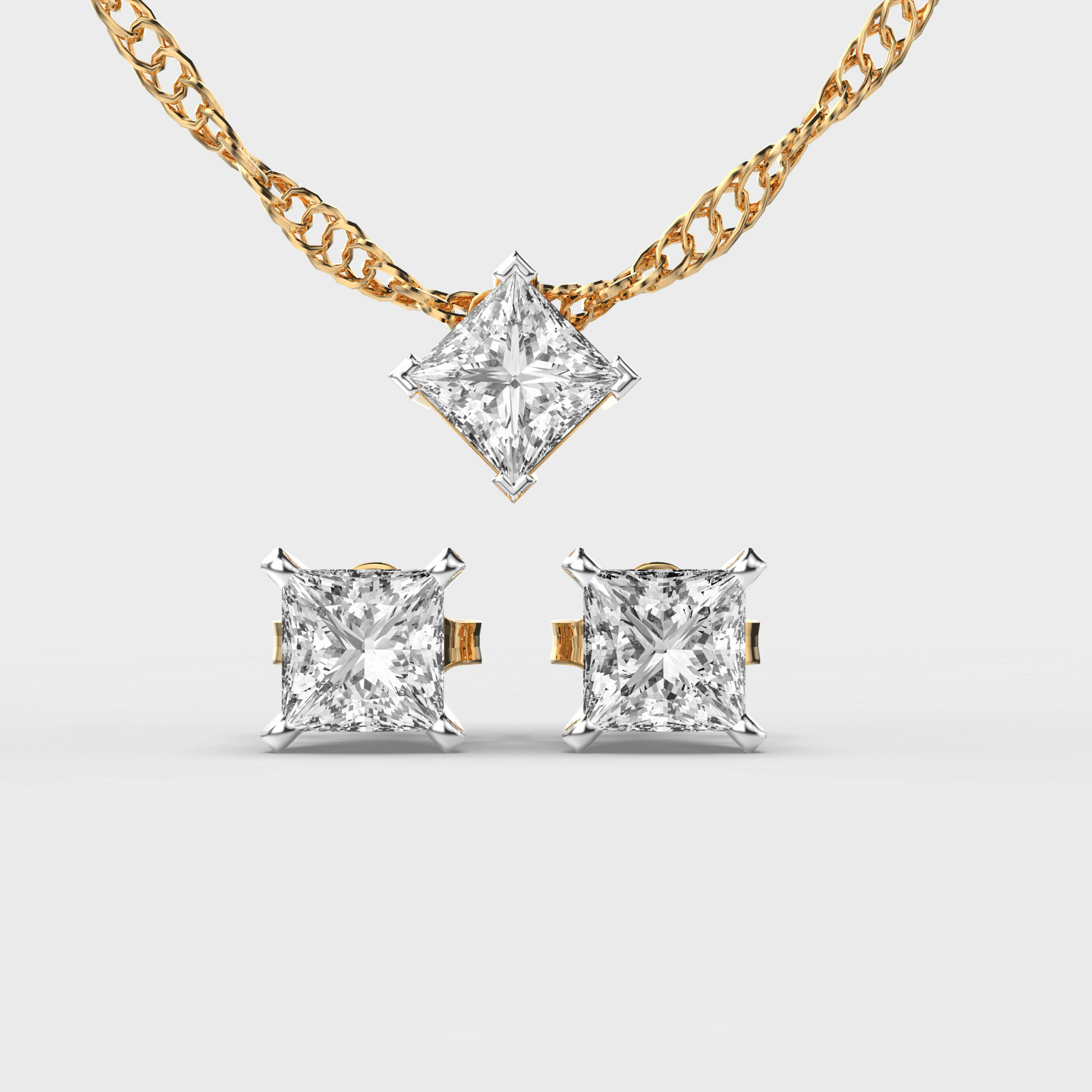 Elegant Square Diamond Pendant and Earring Set