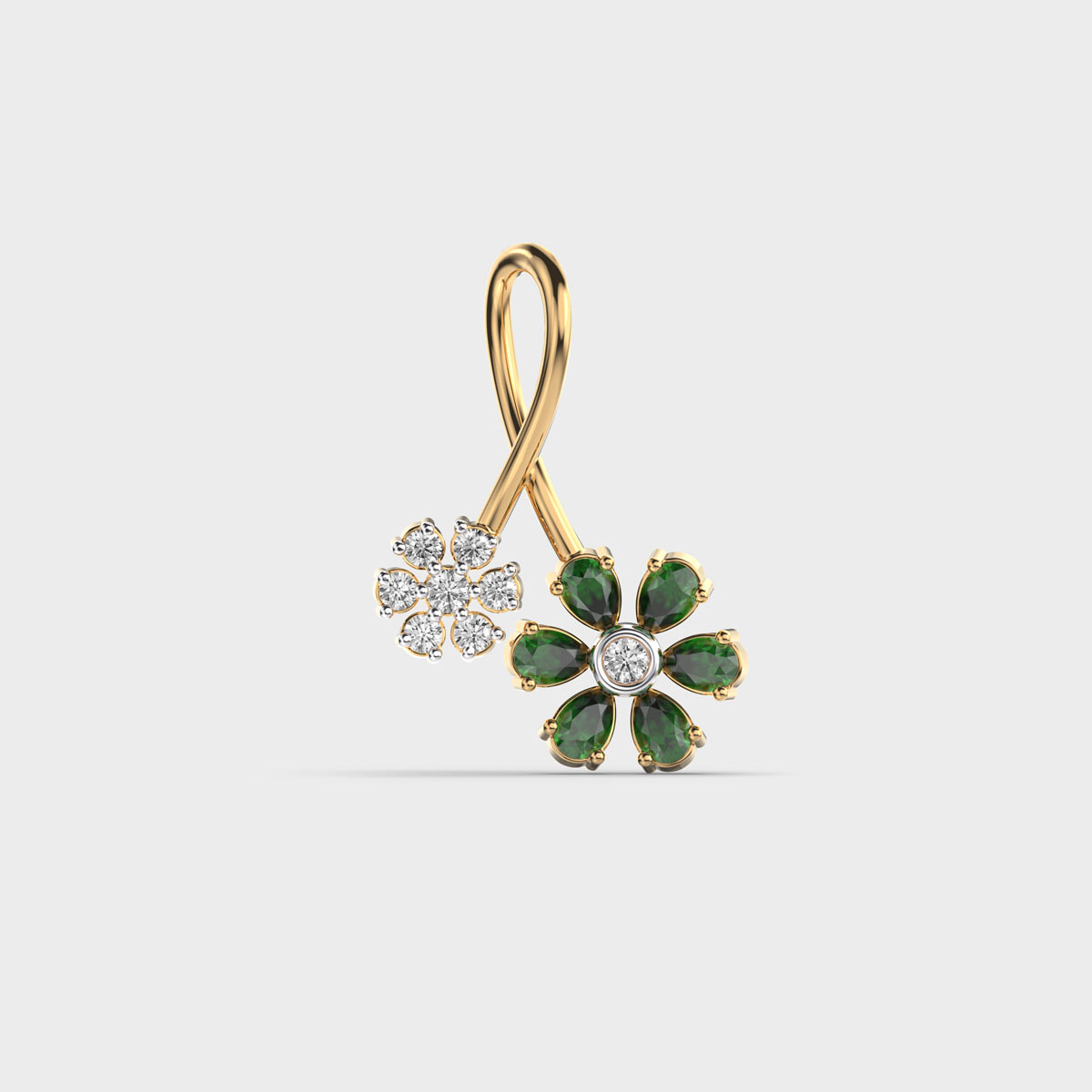 Dual Flower Green Stone Diamond Pendant (Without Chain)