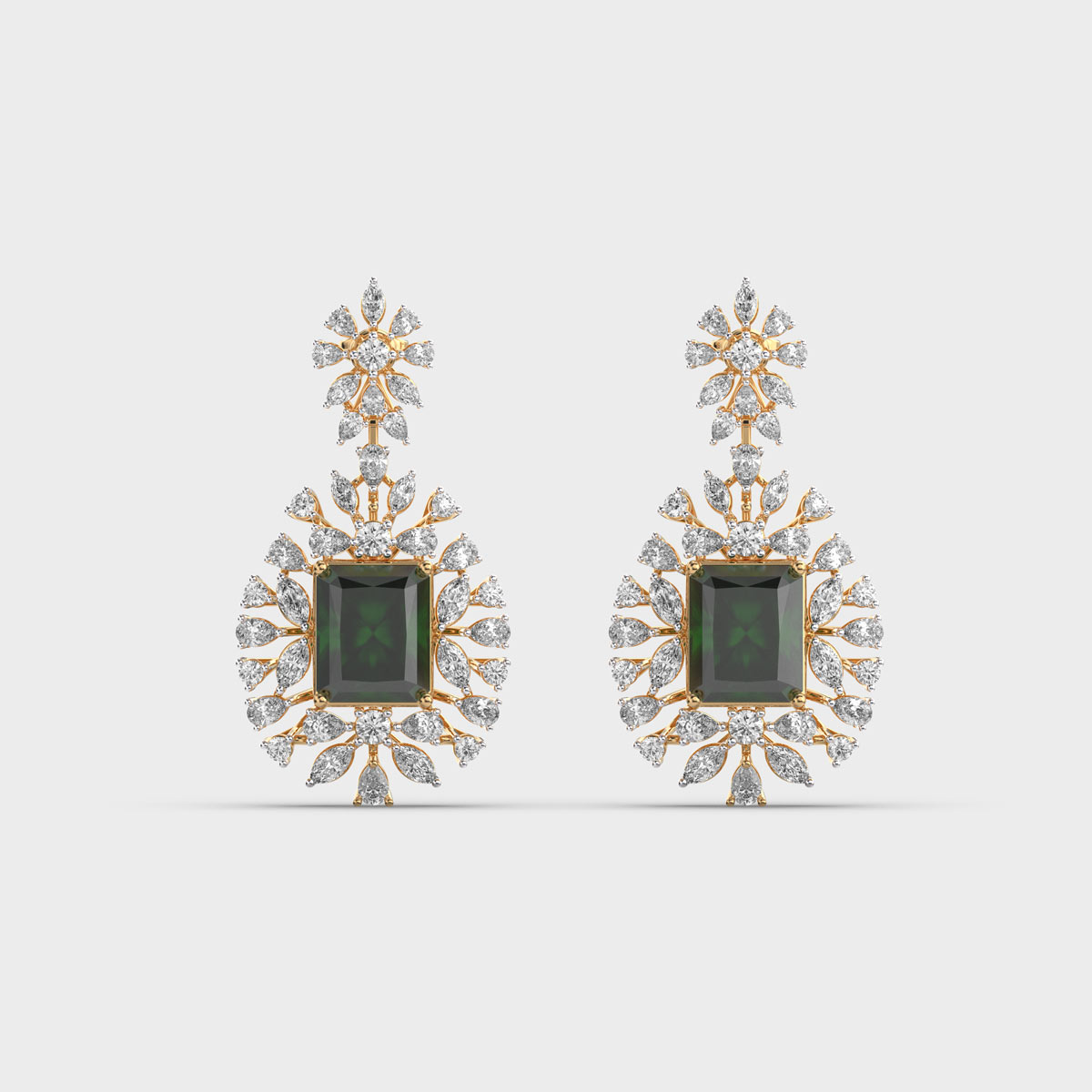 Royal Green Stone Diamond Cluster Dangler Earrings